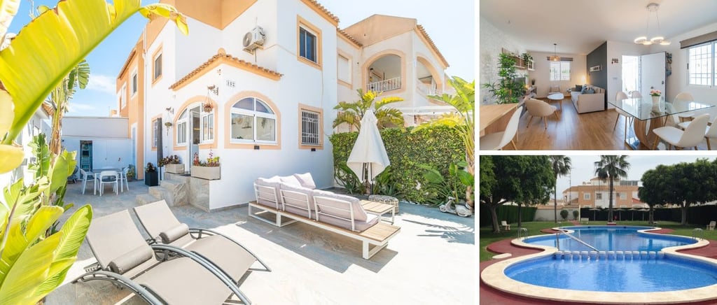 Photo collage of house exterior, pool and living area