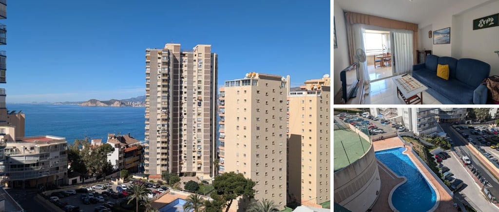 Photo collage of high-rise buildings, apartment living room and pool