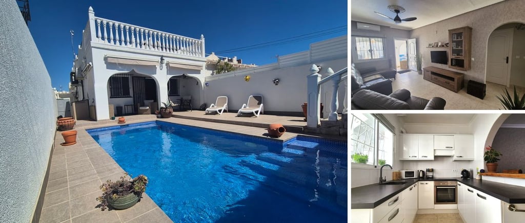 Photo collage of villa exterior with pool, living area and kitchen