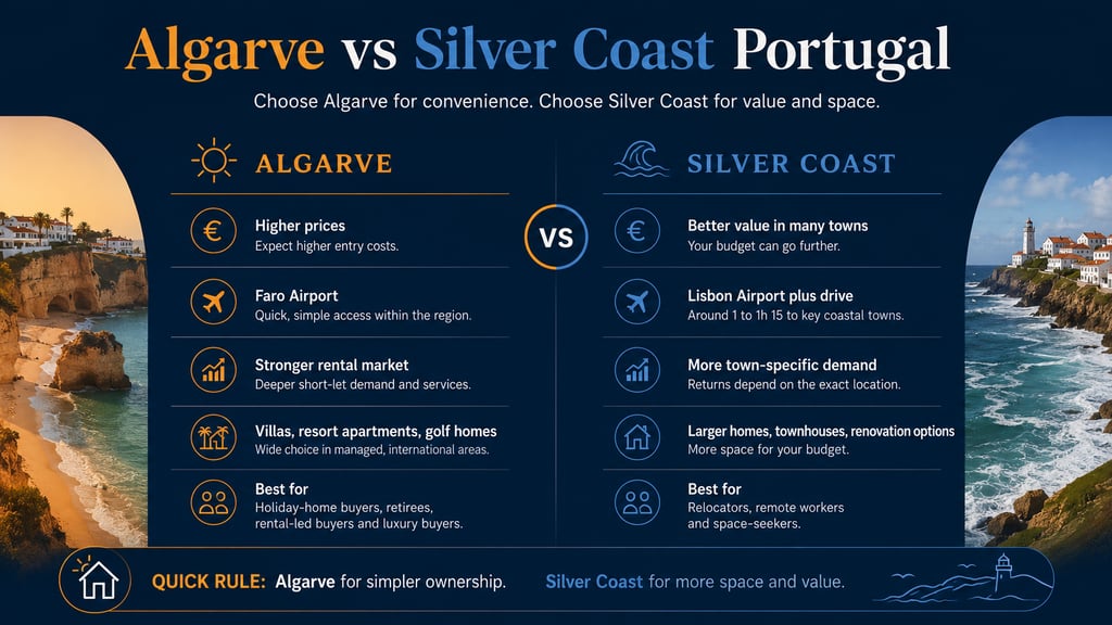 Algarve vs Silver Coast Portugal infographic comparing costs, airport access, rental demand and buyer fit.