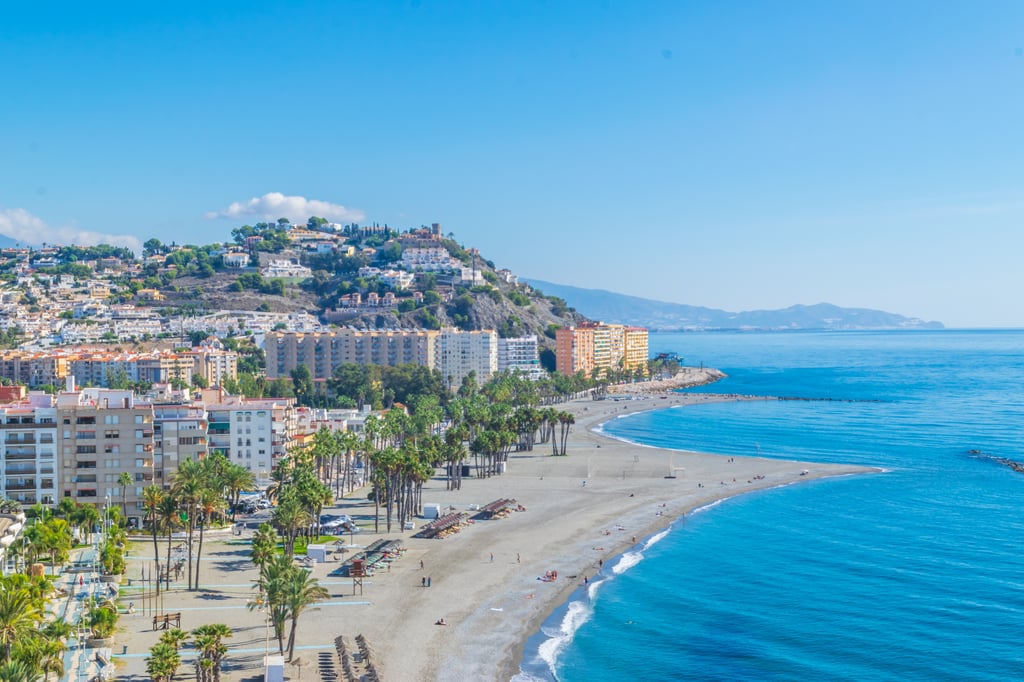 Almuñécar Beach lined with palm trees and apartment blocks