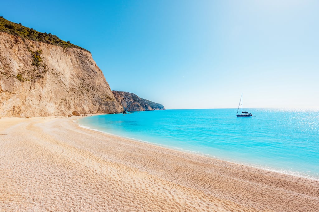 Porto Katsiki Beach with turquoise sea and boat
