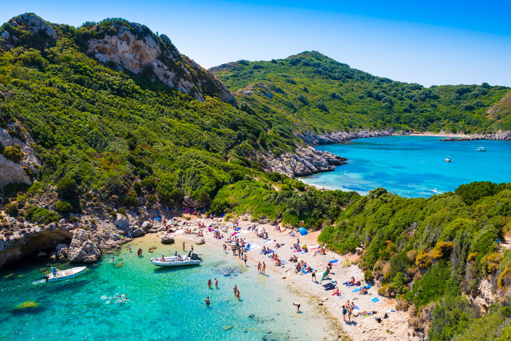 Aerial view of Porto Timoni's two bays