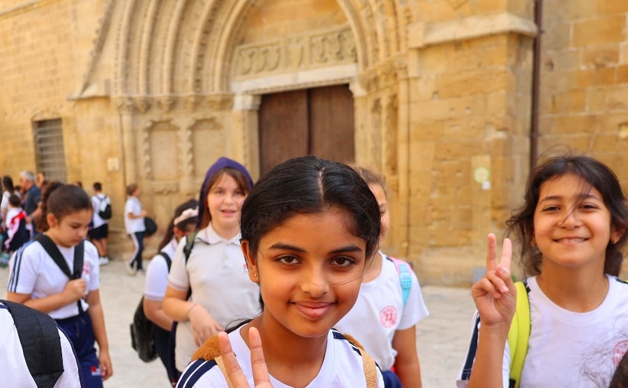 Students outside school building in Cyprus