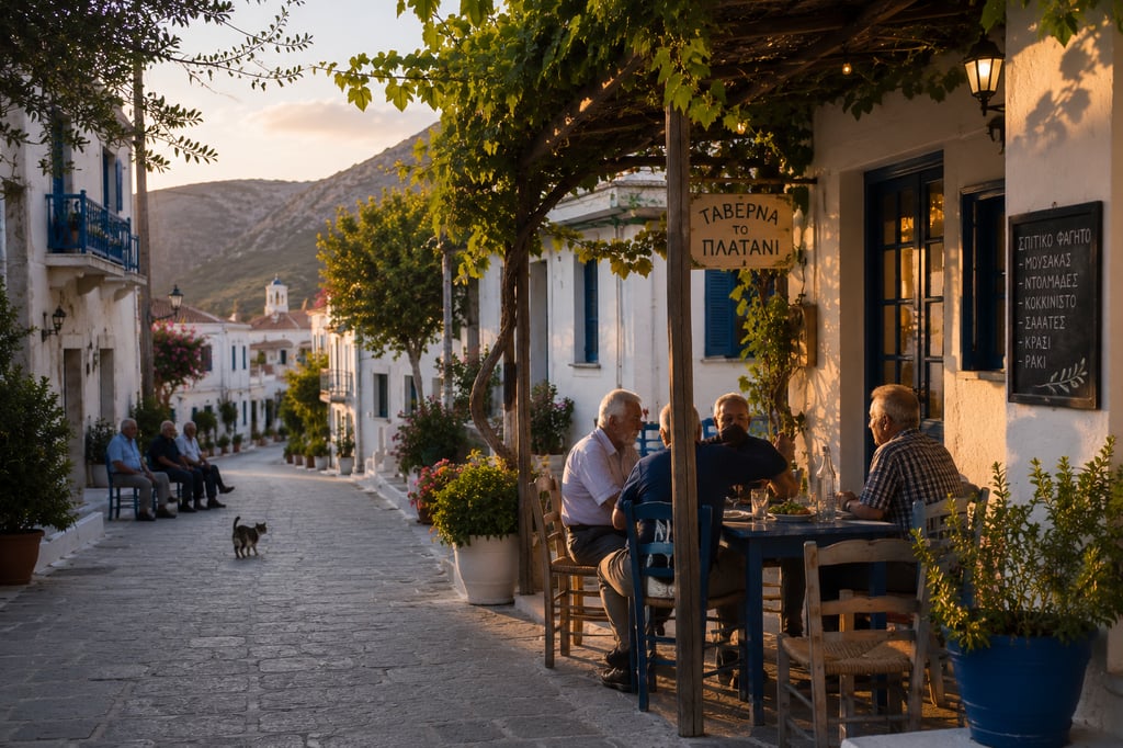 Locals at taverna in quiet Greek street