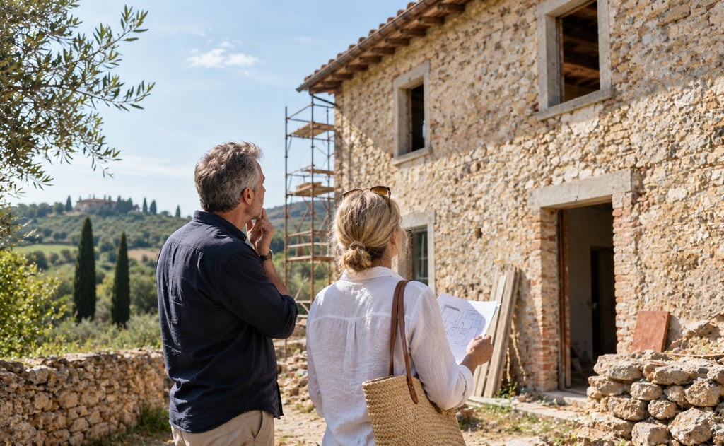 Couple inspecting a stone renovation property in Tuscany, Italy, with scaffolding and building plans visible