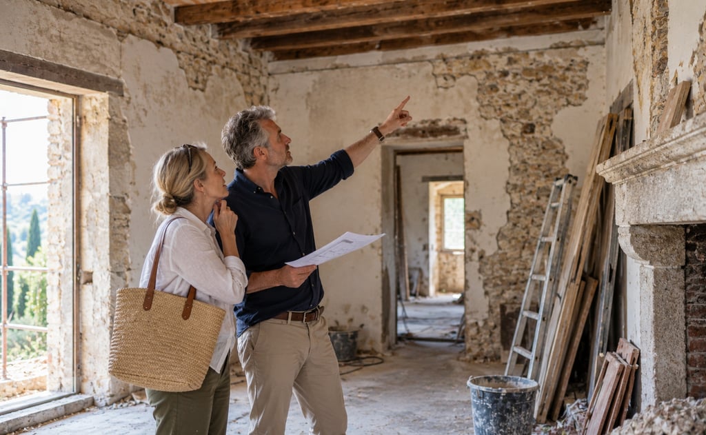 Couple inspecting the interior of a Tuscan renovation property with exposed stone walls, beams and building plans