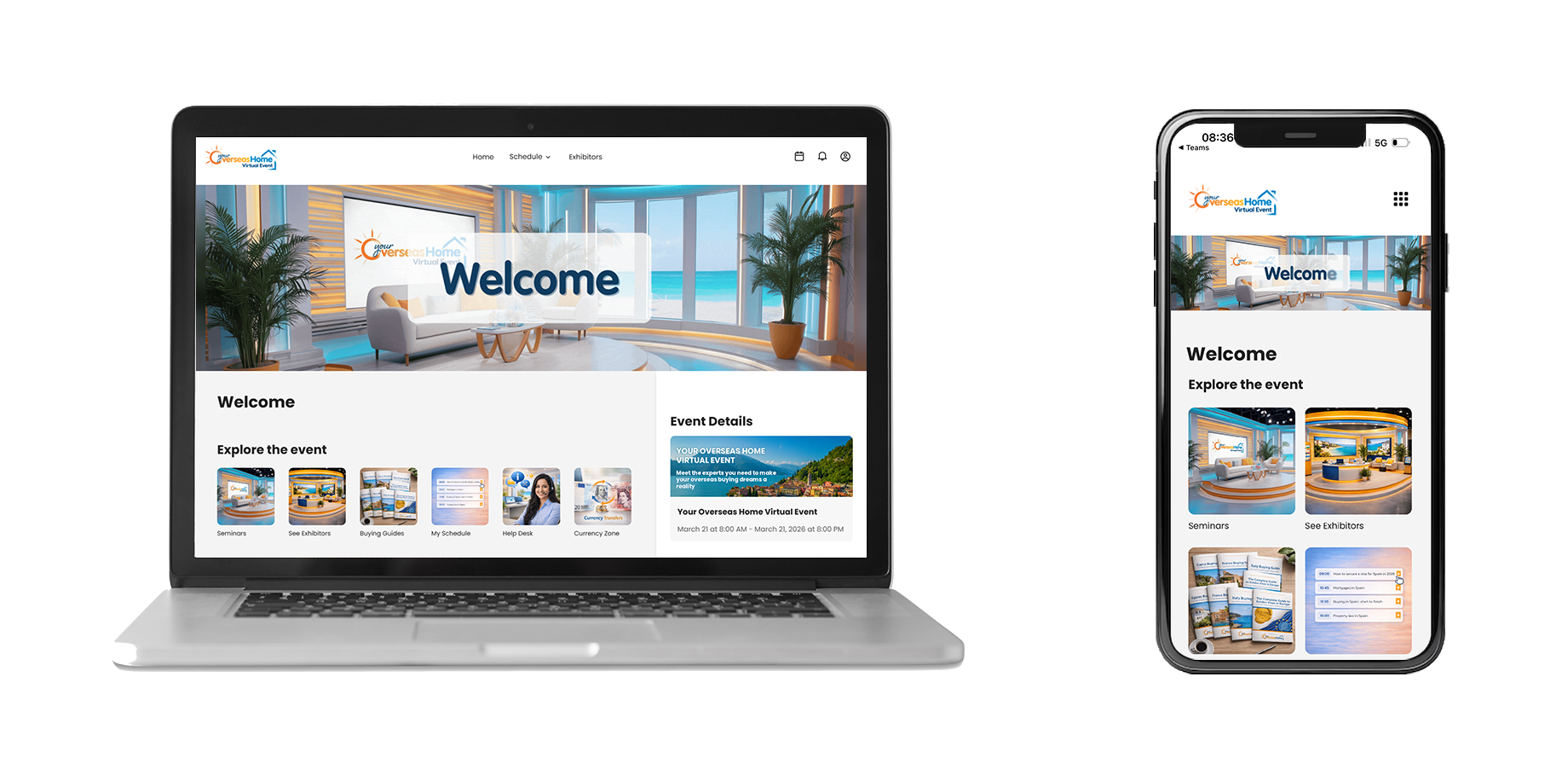 The virtual event platform shown on a laptop