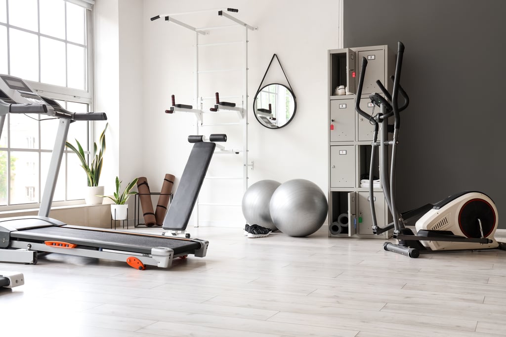 Home gym room with treadmills, exercise bike and gym balls beside floor-to-ceiling window