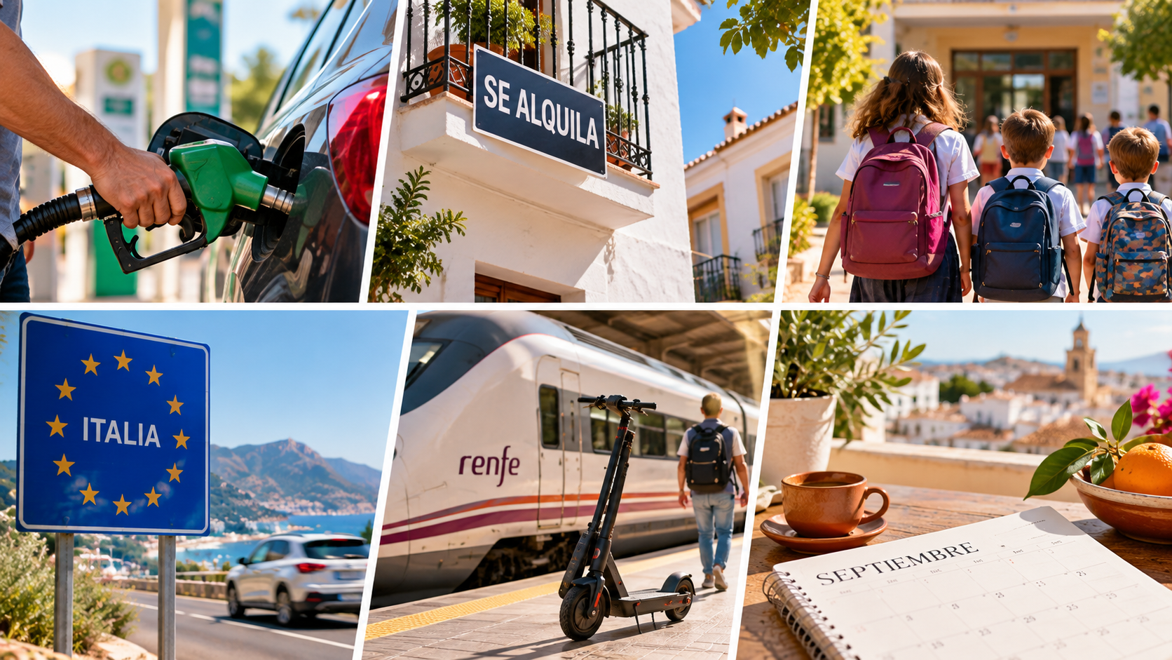 Six-panel collage of a fuel pump, "SE ALQUILA" sign, schoolchildren, Italy border sign, Renfe train and September calendar