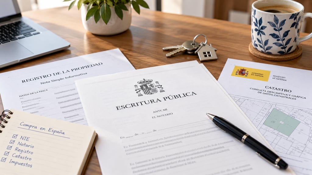 Escritura pública deed, land registry and catastro documents beside house keys and a notebook