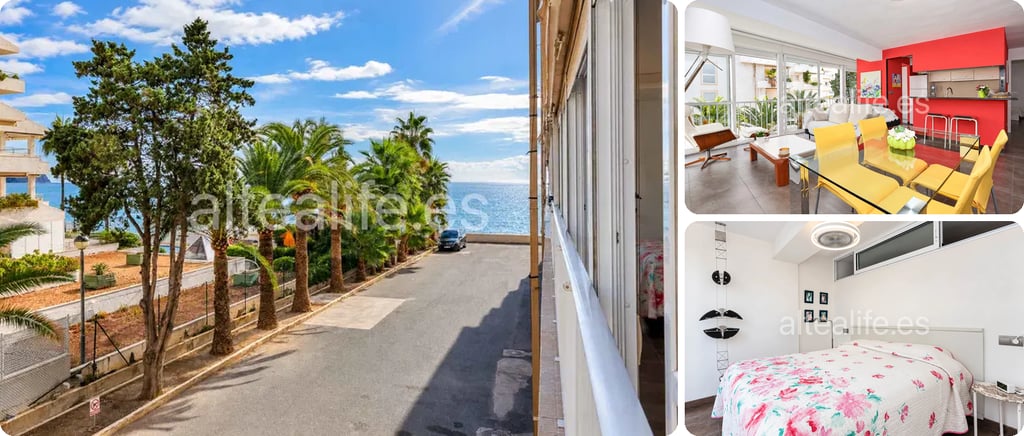 Altea beachfront apartment for a winter in the sun, with a palm-lined road to the sea, a living room and a bedroom