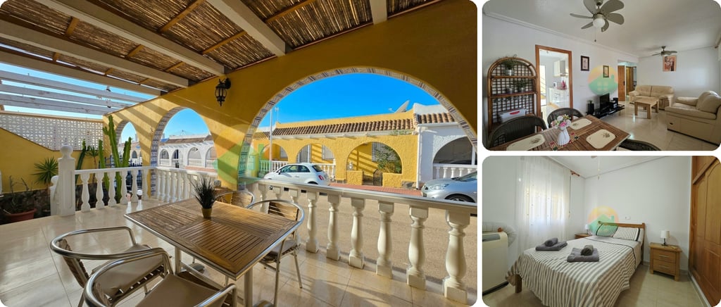 Camposol terraced villa for a winter in the sun, with a covered terrace, living room with ceiling fans and a bedroom