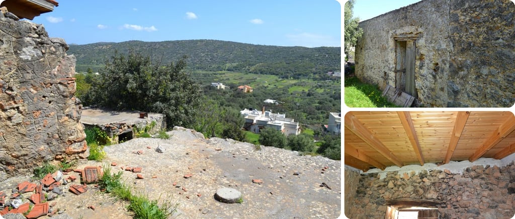 Old stone house to renovate in Fioretzides, with a weathered wooden door, beamed ceiling and a view over a green valley