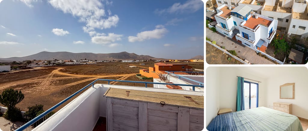 La Oliva house for a winter in the sun, with a rooftop terrace view, an aerial shot of the house and a bedroom
