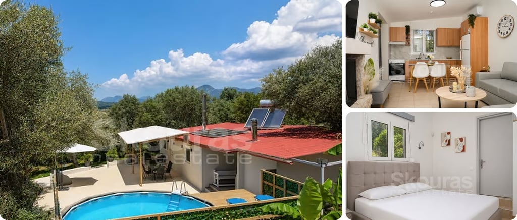 Messenia farm house with a red roof, solar panels and a round above-ground pool beside a shaded terrace and trees