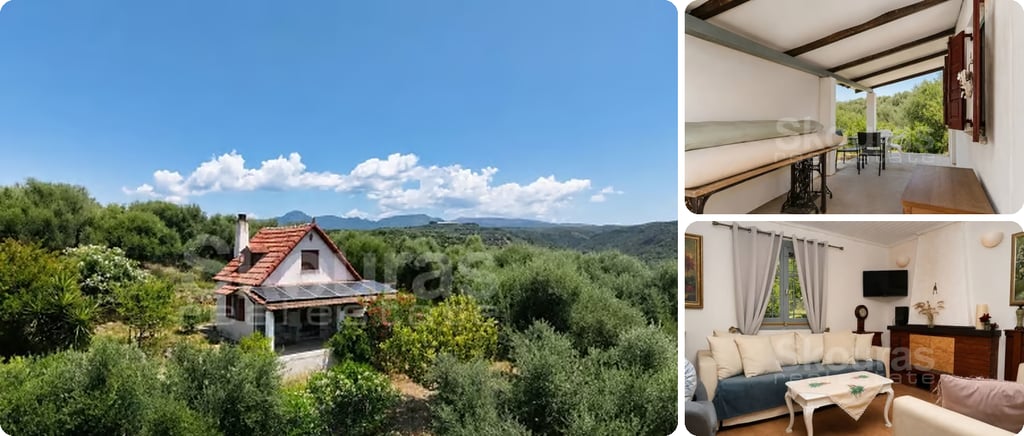 Detached house with a red tiled roof and solar panels among green trees in Nestoras, Messenia, with hills beyond