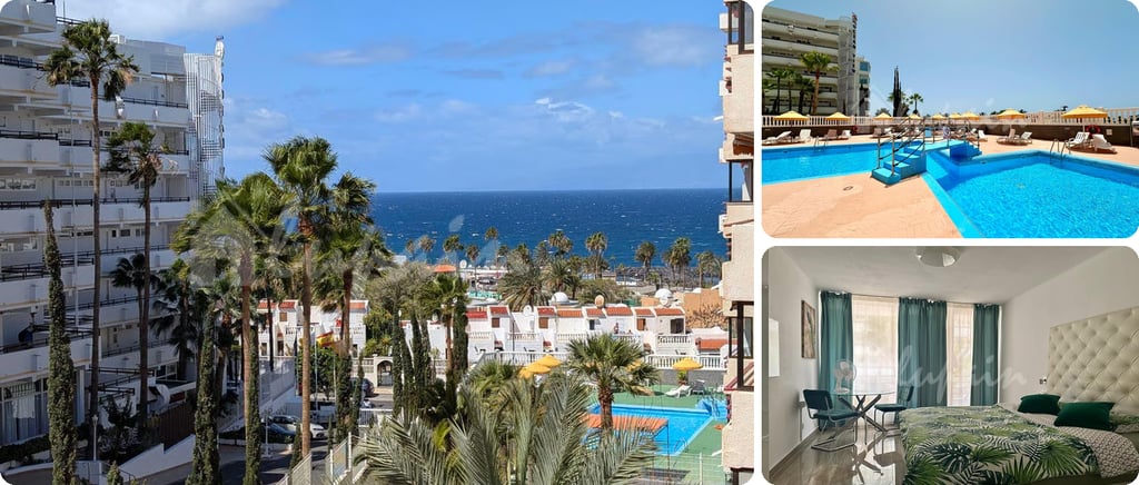 Playa de las Américas studio for a winter in the sun, with a view over palms to the sea, a pool and a studio bedroom