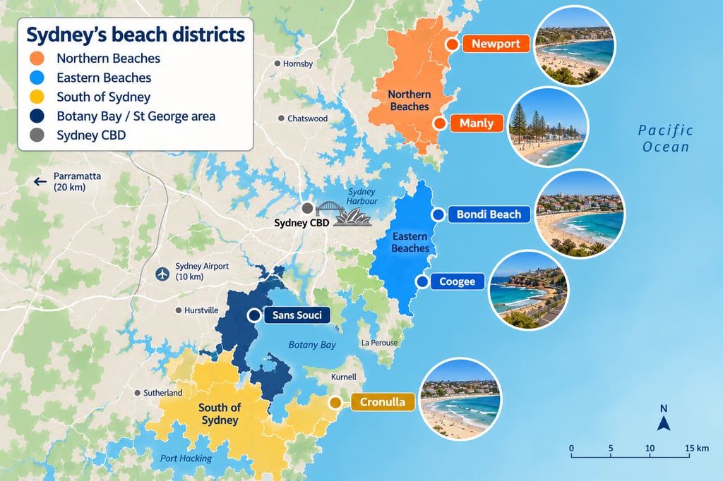 Colour-coded map of Sydney's northern, eastern and southern beach districts around the CBD and Botany Bay