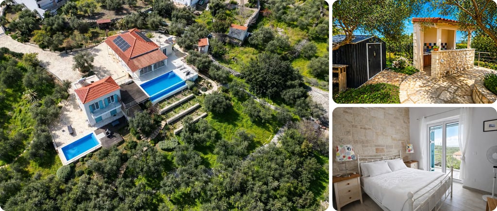 Two terracotta-roofed houses with a swimming pool each, set among olive trees on a terraced hillside estate in Tsivaras