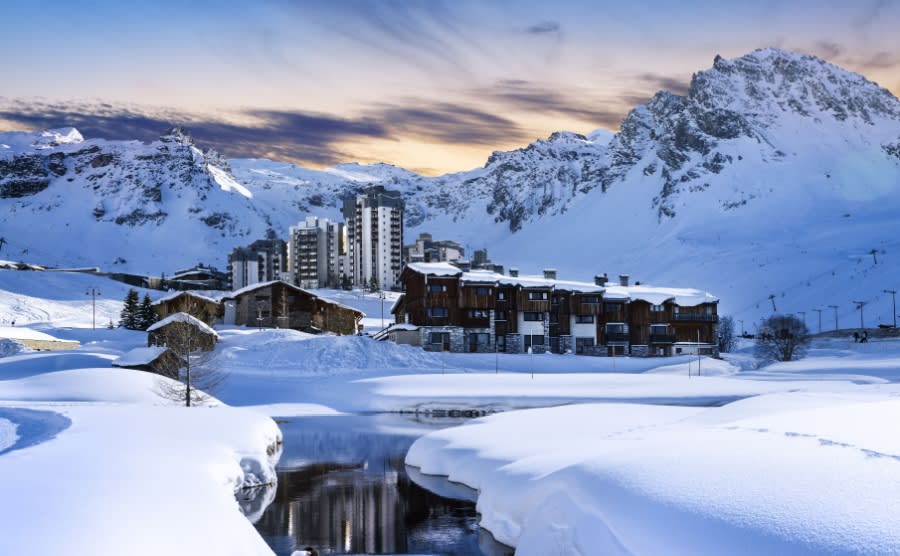 Evening landscape and ski resort in French Alps