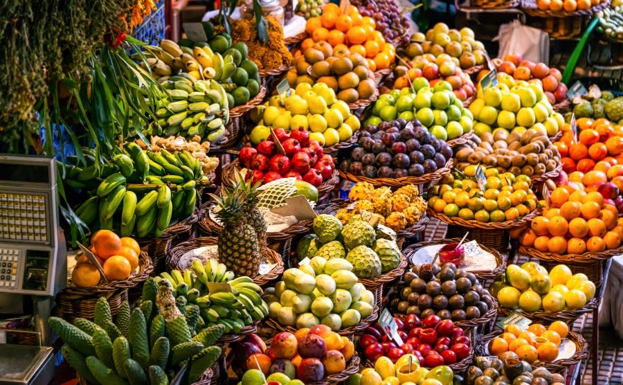 Fresh exotic fruits on famous market in Funchal Mercado dos Lavradores Madeira island Portugal