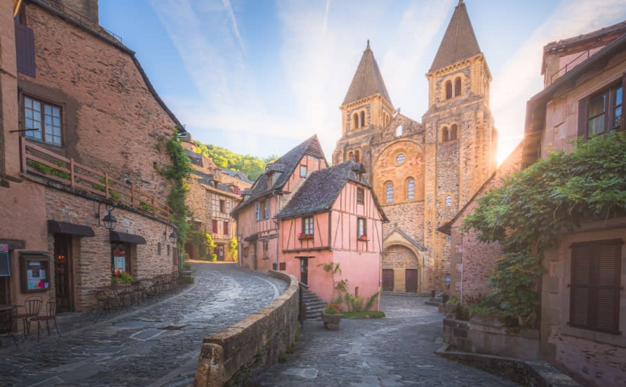 The quaint and charming medieval old town centre of the medieval French village Conques