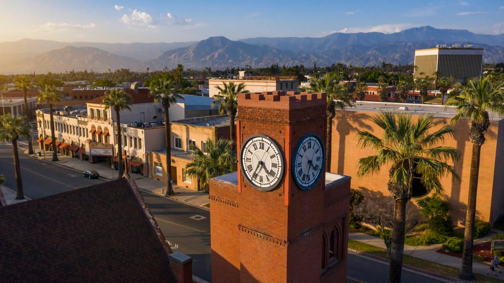 Aerial sunset view of the historic downtown area of Redlands, California.