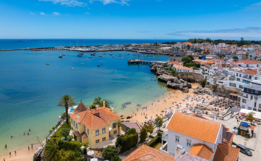 Cascais Portugal aerial view of Praia da Rainha and historic city centre