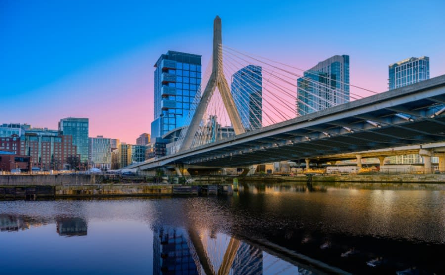 Boston City Sunset Skyline over Zakim Bridge and the Charles River in Boston, Massachusetts, USA