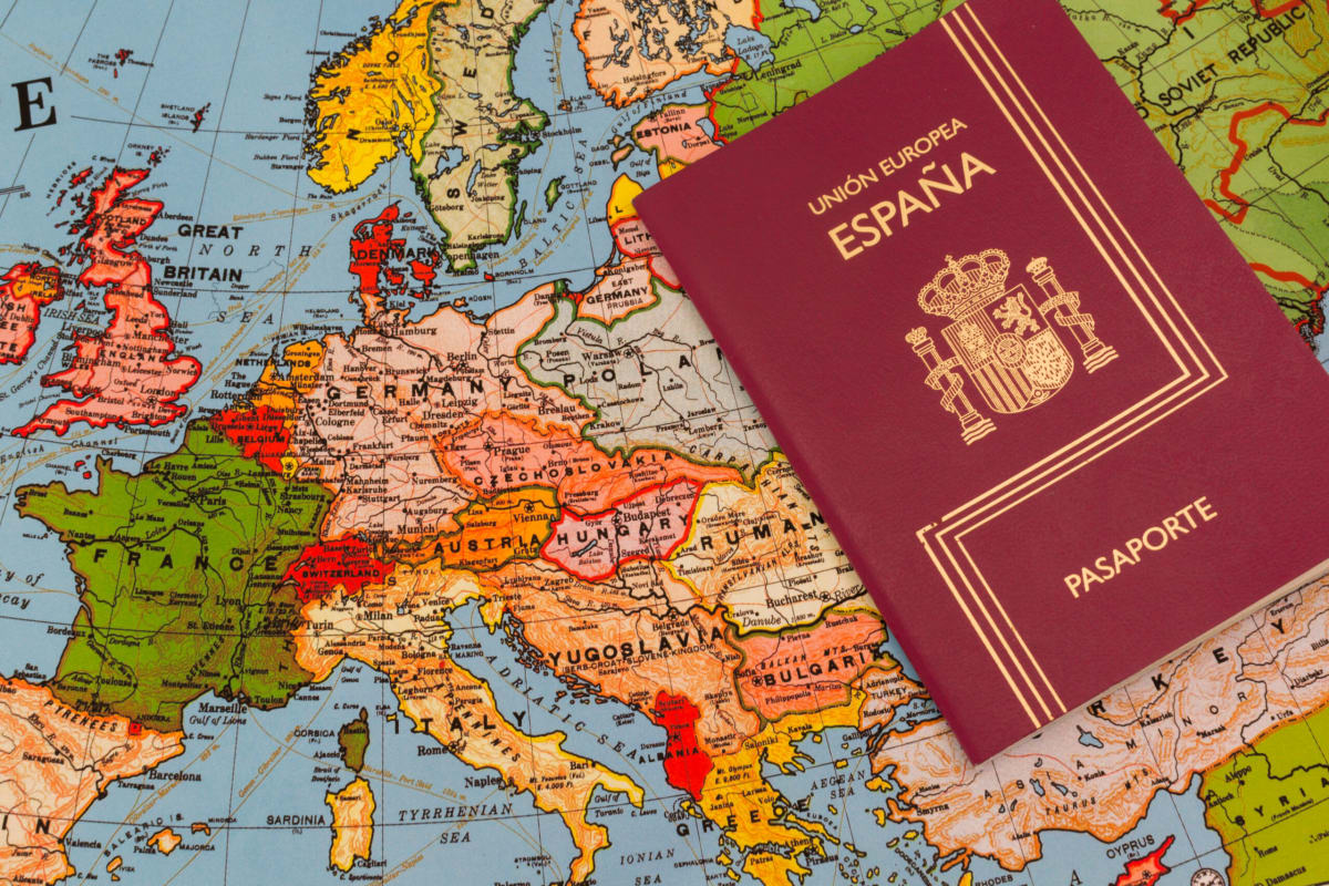 Spanish passport on Europe map
