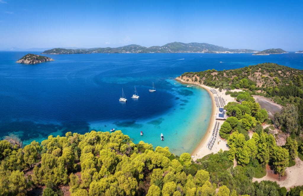 Aerial view of a beach on Tsougrias Island