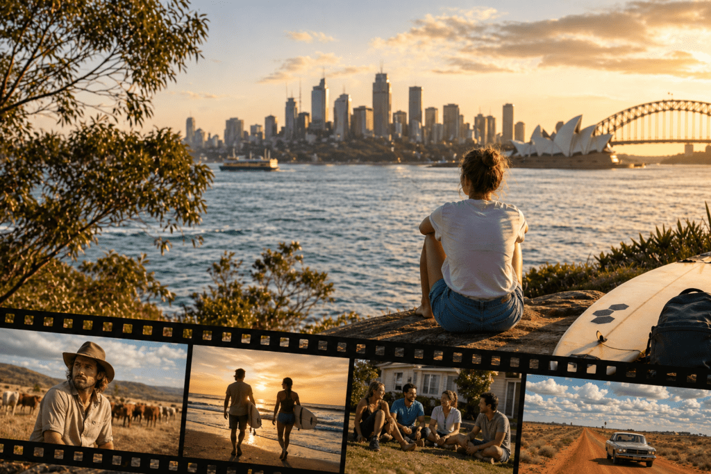 Woman looking at Sydney harbour with film reel